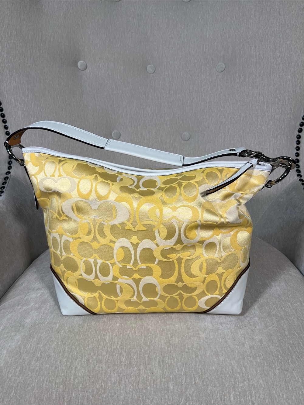 Coach Vintage Yellow Signature Jacquard Hobo with White Trim